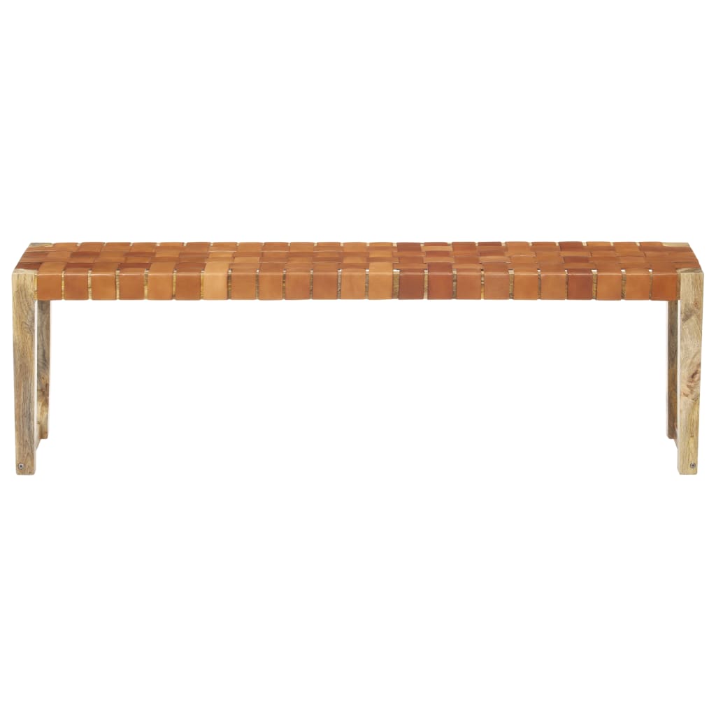 Banc 110 cm cuir véritable et bois de manguier massif marron