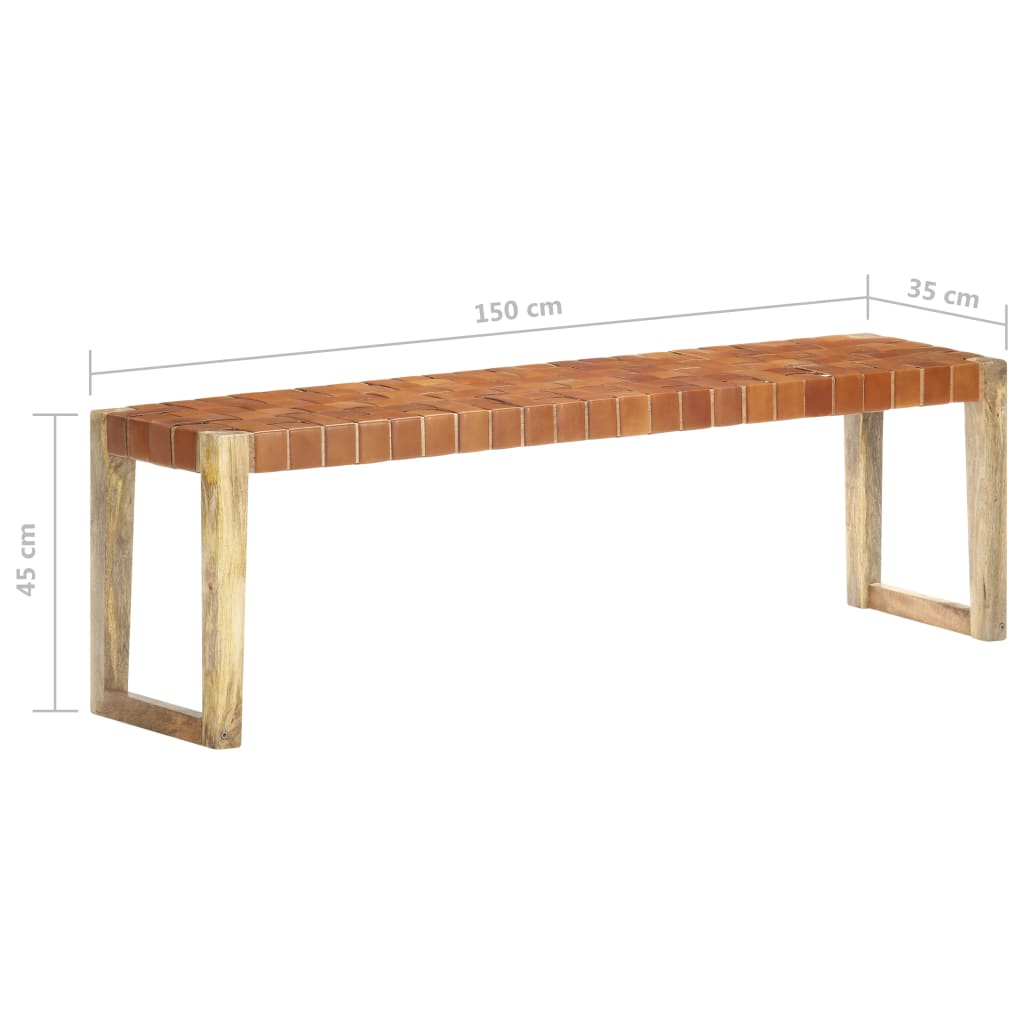 Banc 110 cm cuir véritable et bois de manguier massif marron