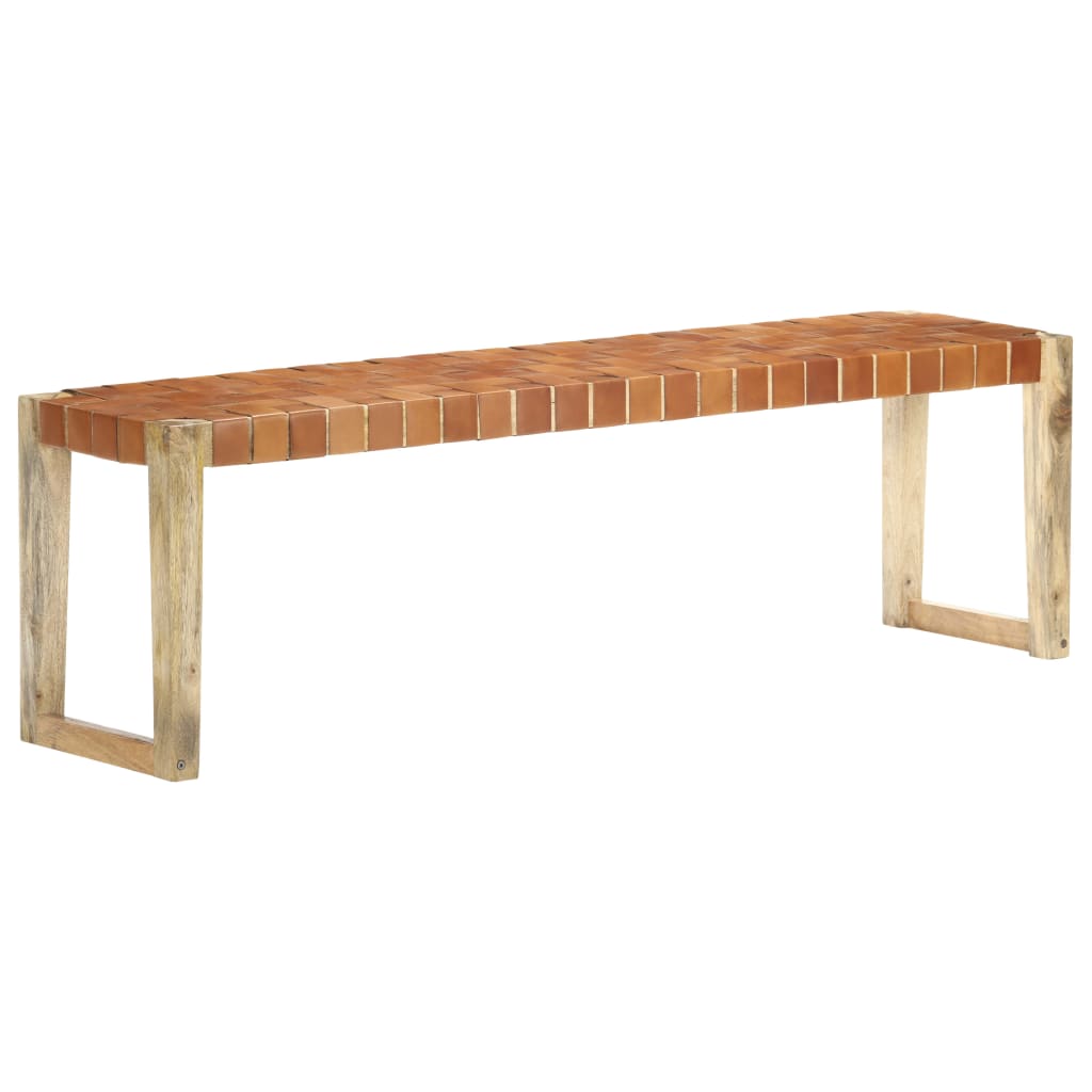 Banc 110 cm cuir véritable et bois de manguier massif marron