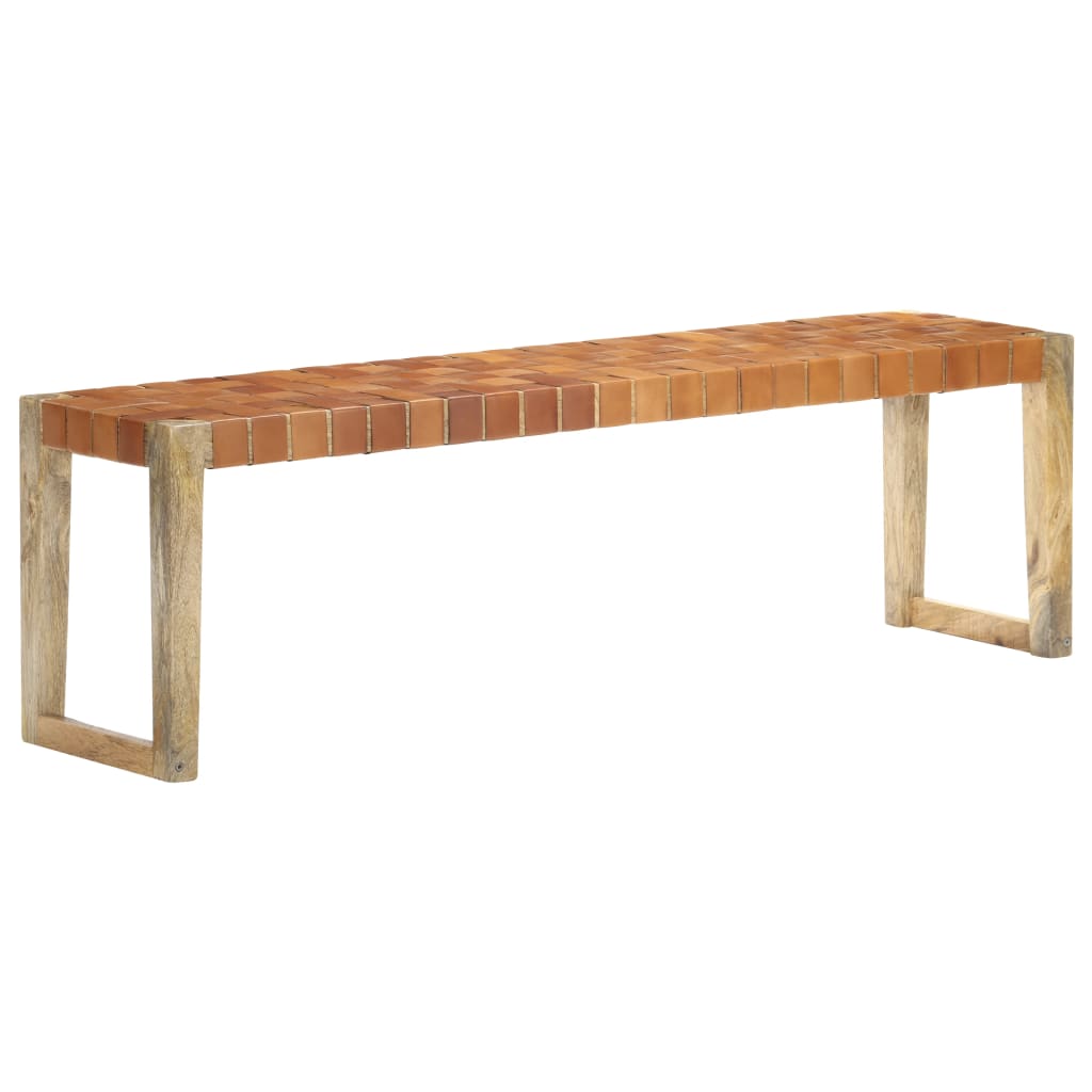 Banc 110 cm cuir véritable et bois de manguier massif marron