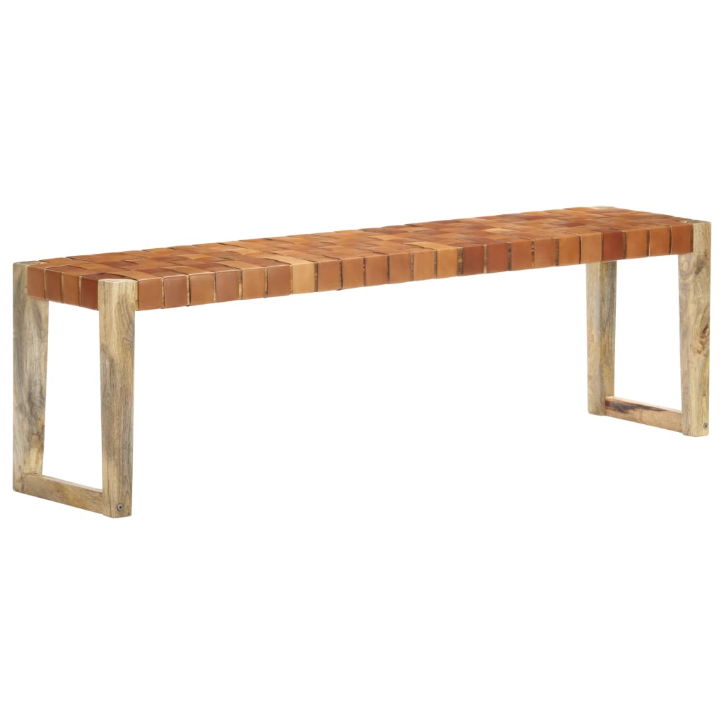 Banc 110 cm cuir véritable et bois de manguier massif marron