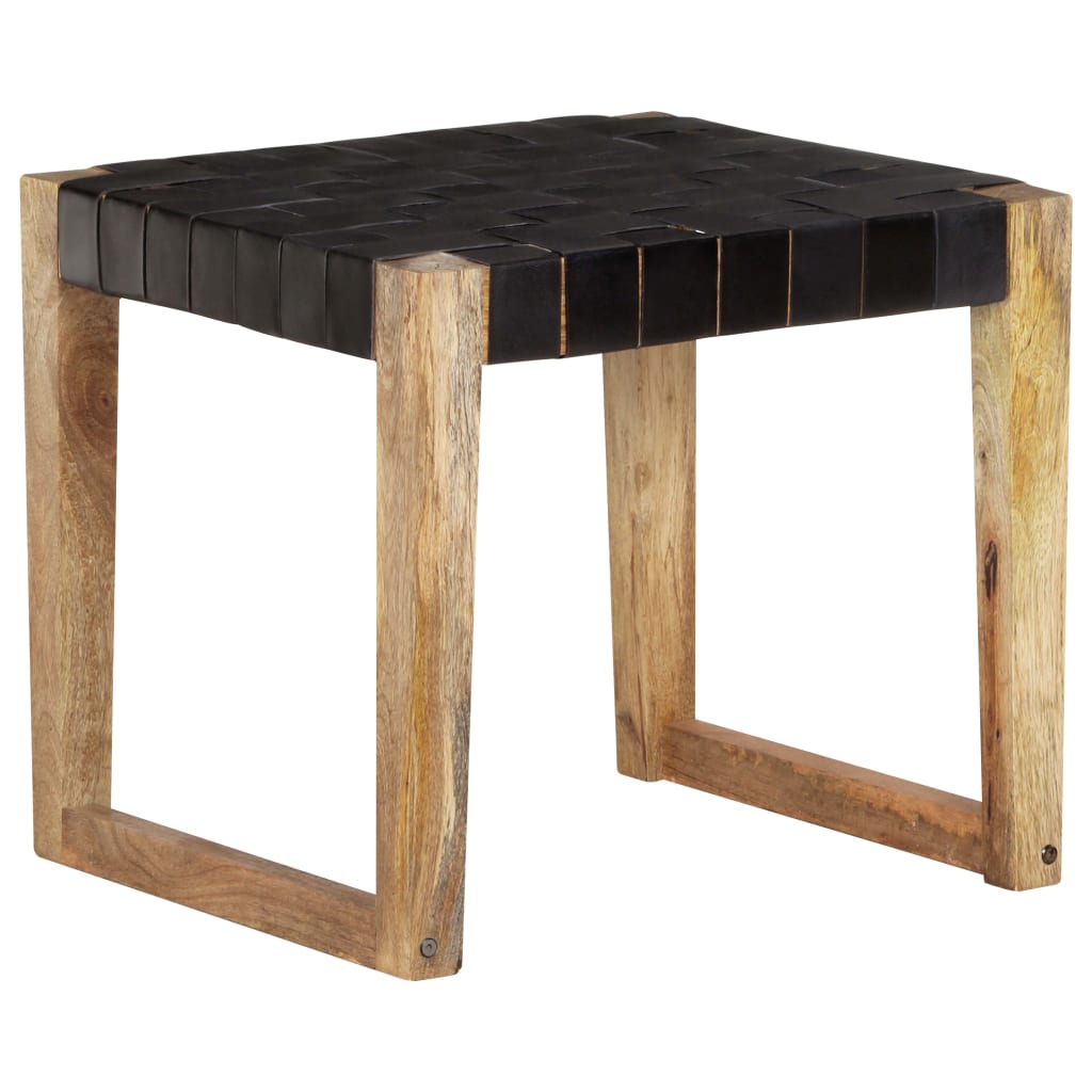 Tabouret en cuir véritable et bois de manguier massif marron clair