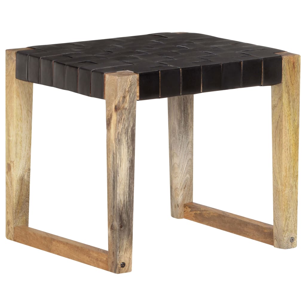 Tabouret en cuir véritable et bois de manguier massif marron clair