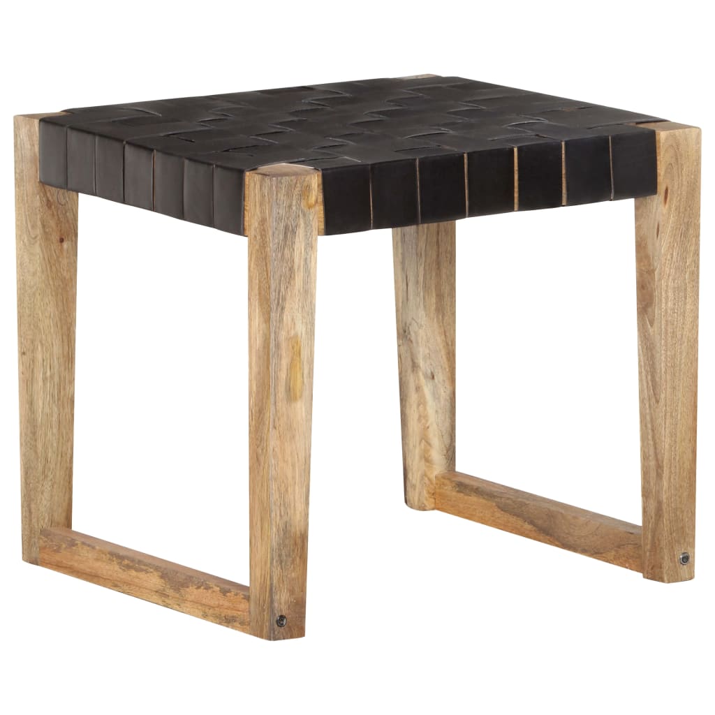 Tabouret en cuir véritable et bois de manguier massif marron clair