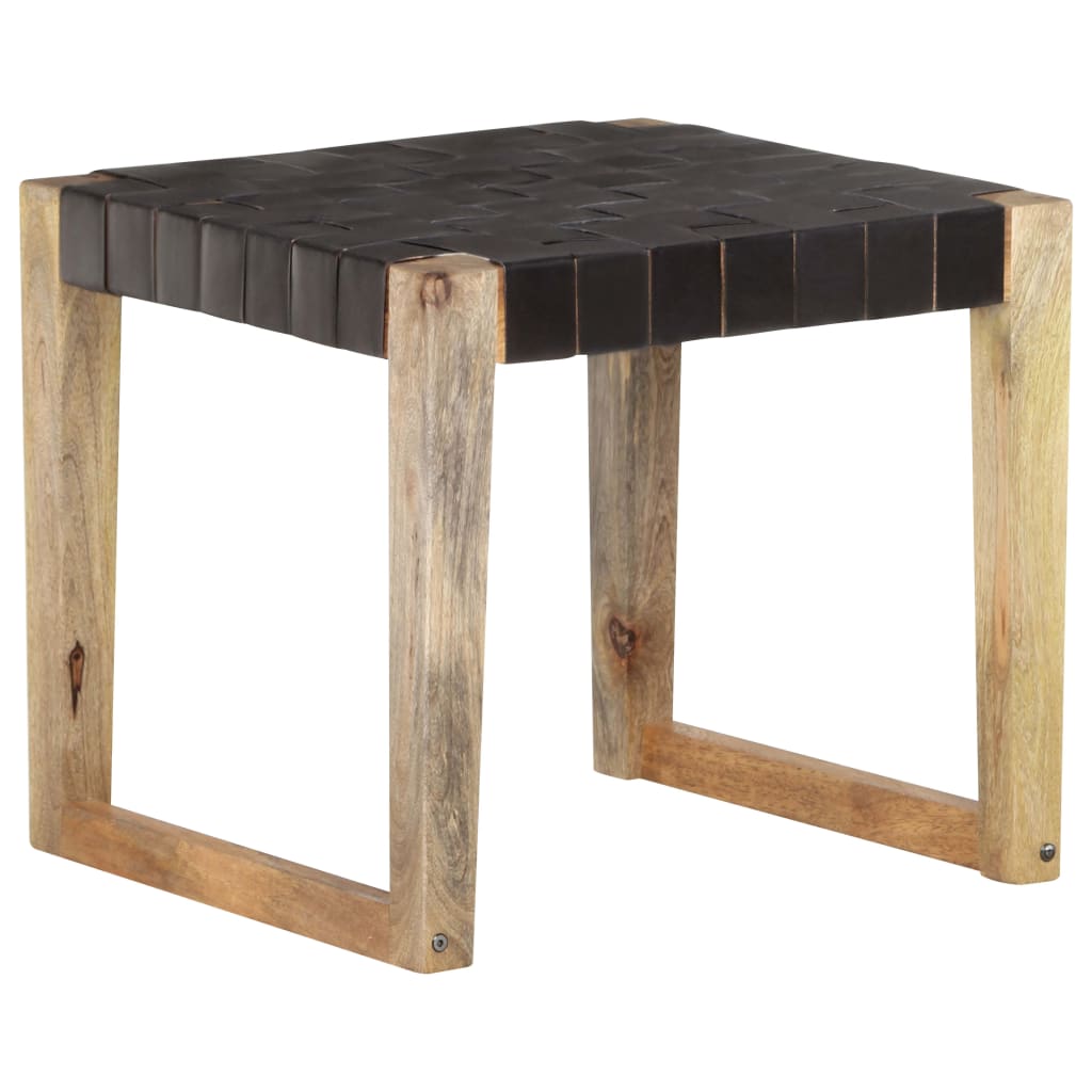 Tabouret en cuir véritable et bois de manguier massif marron clair