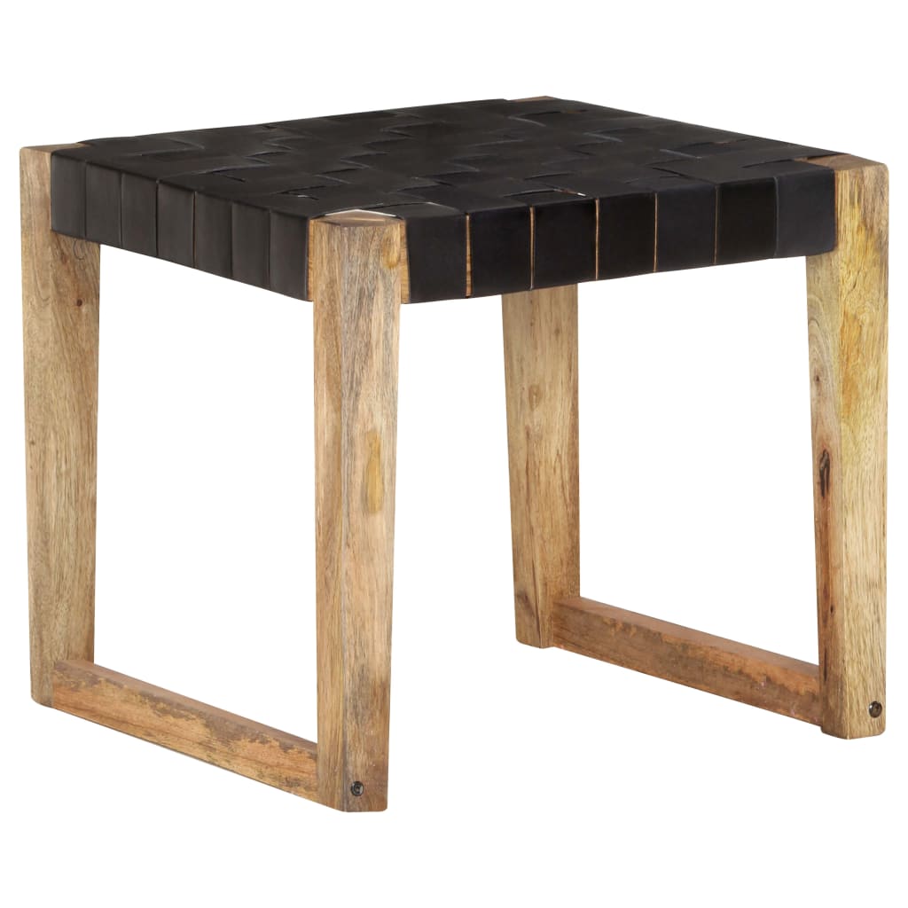 Tabouret en cuir véritable et bois de manguier massif marron clair