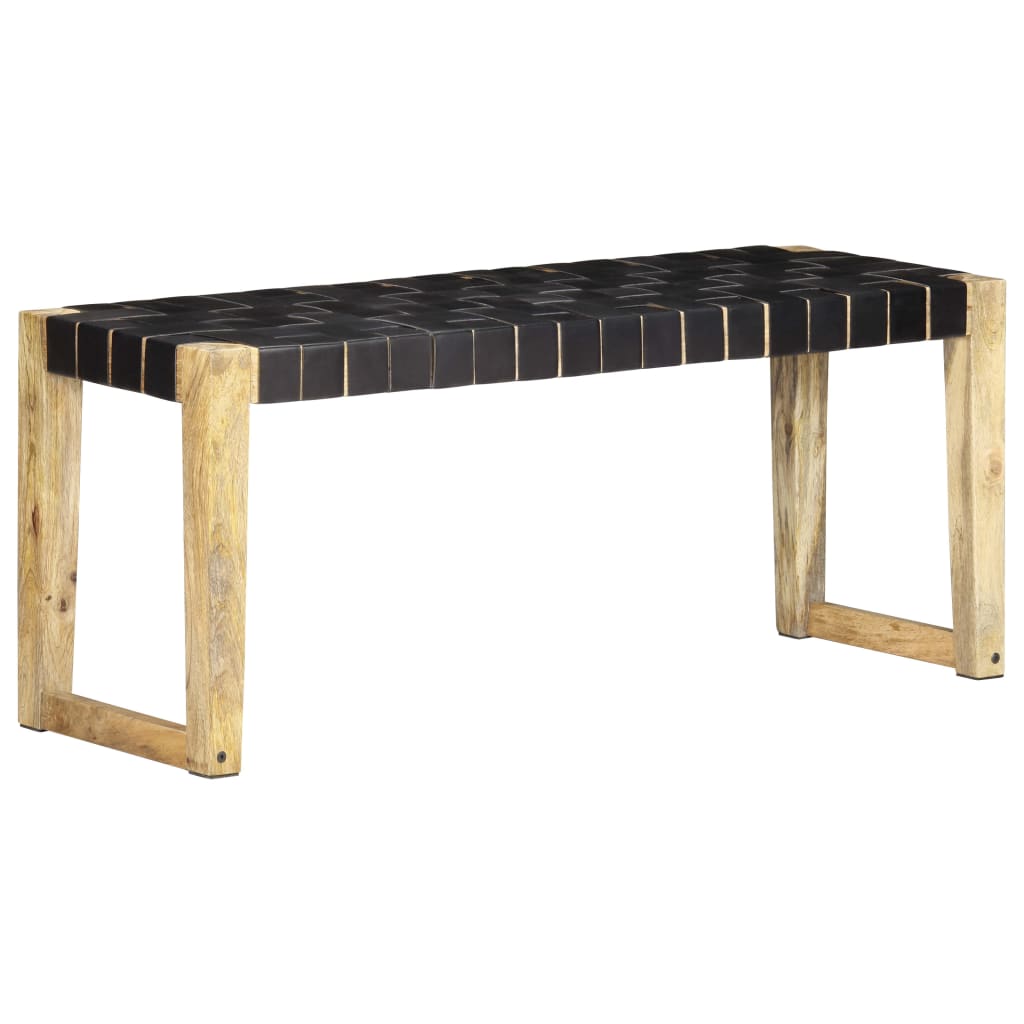 Banquette 150 cm cuir véritable et manguier massif noir