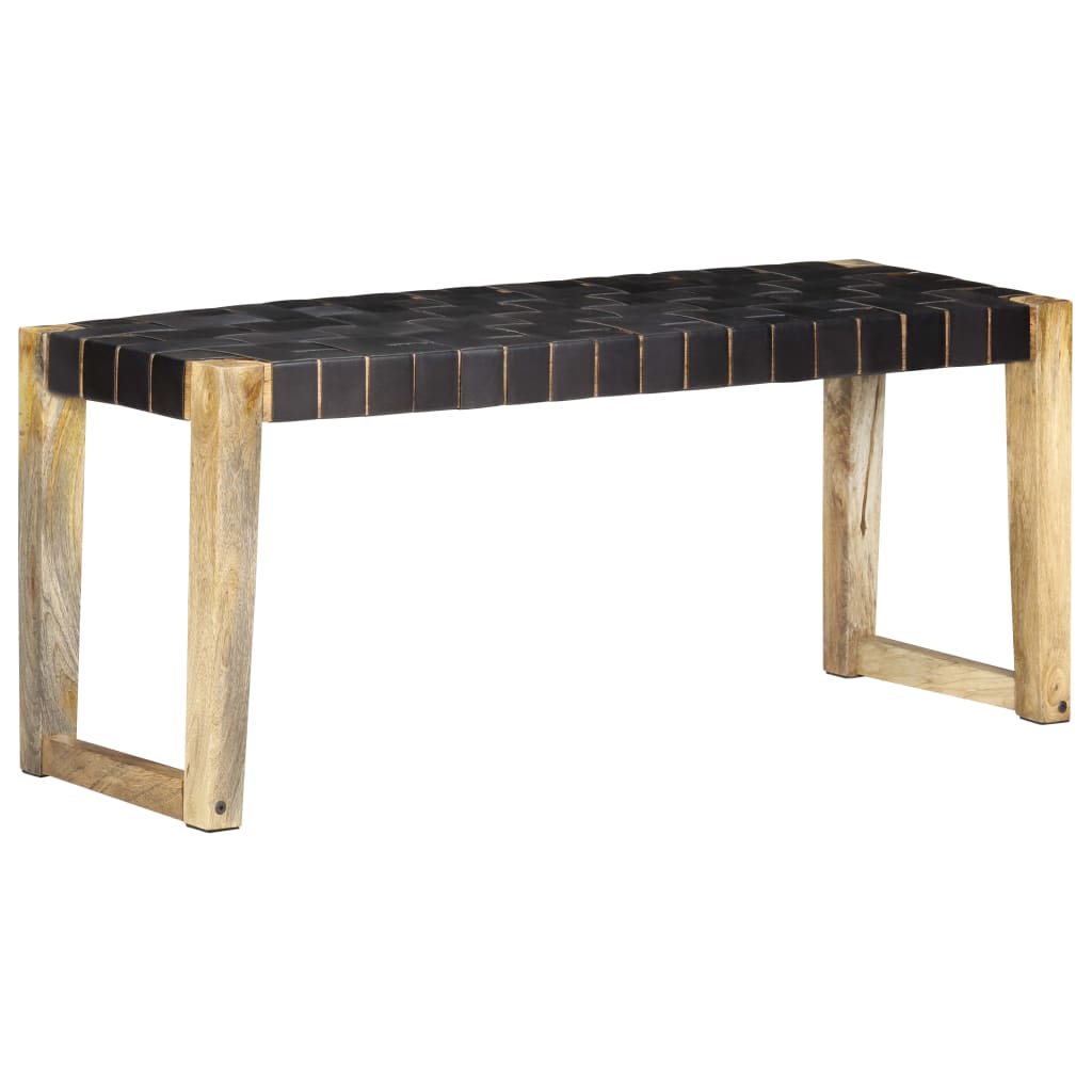 Banc 110 cm cuir véritable et bois de manguier massif marron