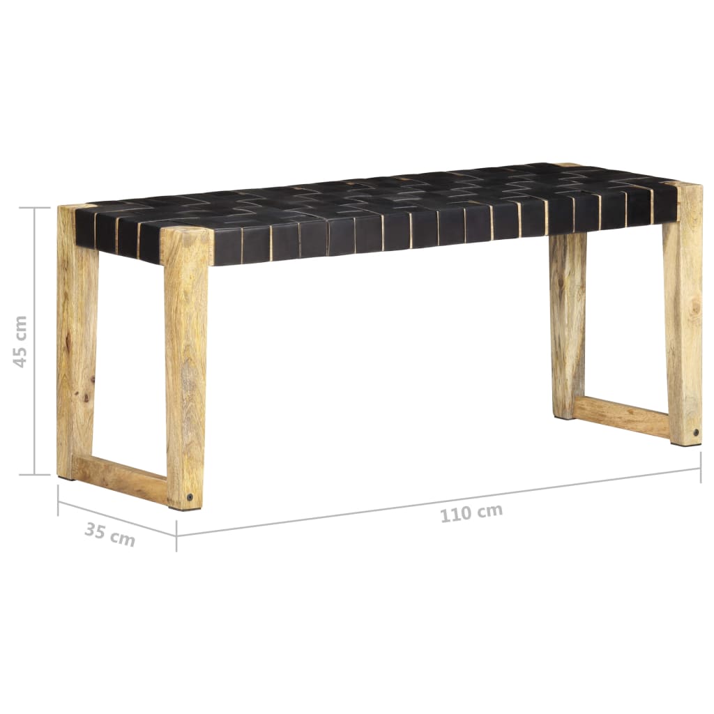 Banquette 150 cm cuir véritable et manguier massif noir