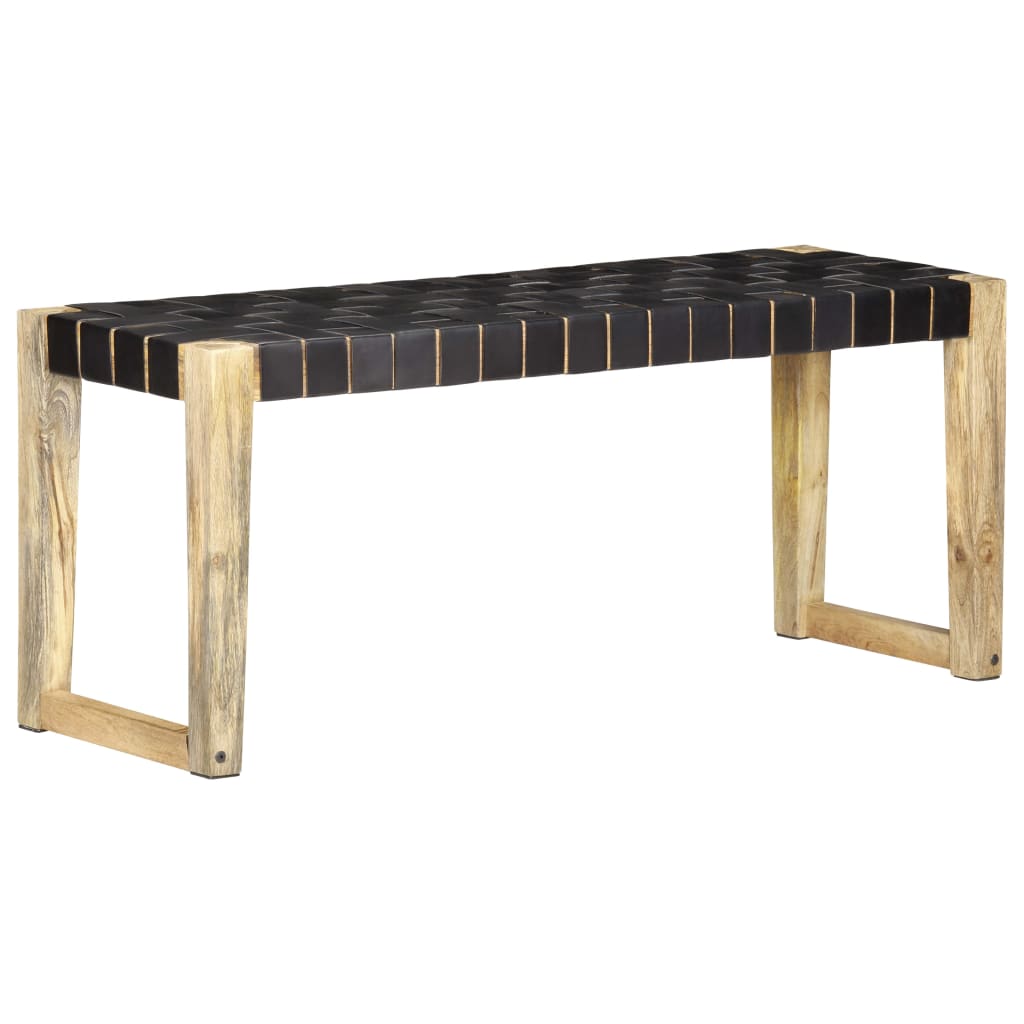 Banquette 150 cm cuir véritable et manguier massif noir