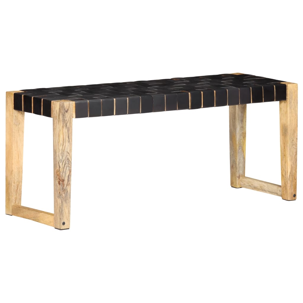 Banc 110 cm cuir véritable et bois de manguier massif marron