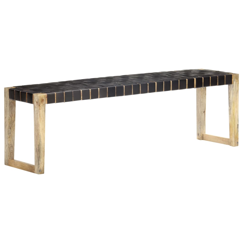 Banquette 110 cm cuir véritable et bois de manguier massif