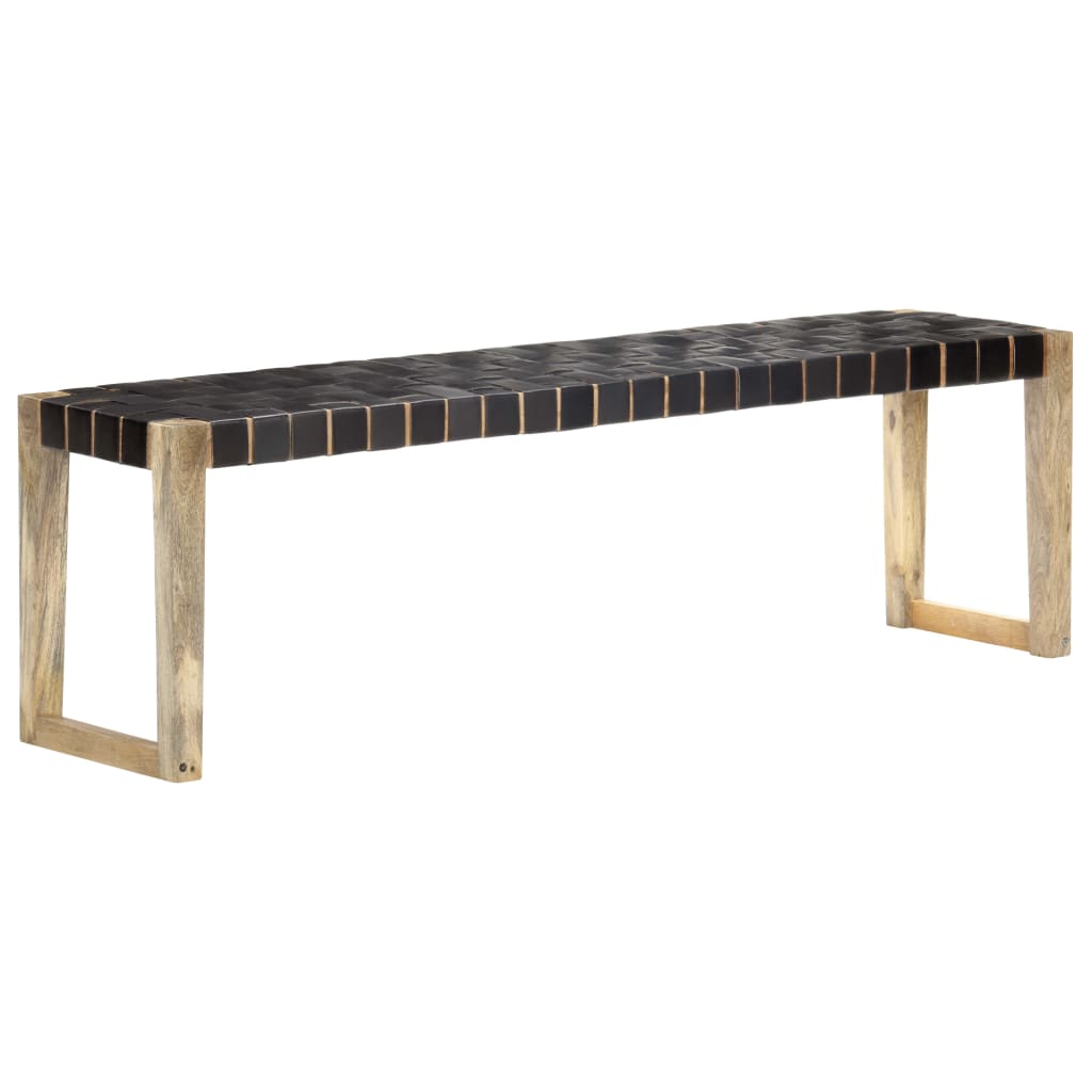 Banquette 150 cm cuir véritable et manguier massif noir