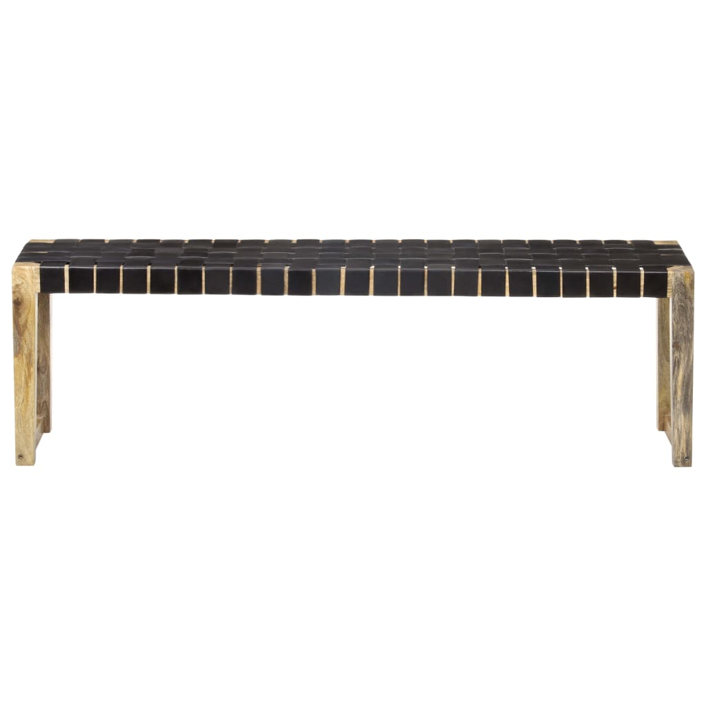 Banc 110 cm cuir véritable et bois de manguier massif marron