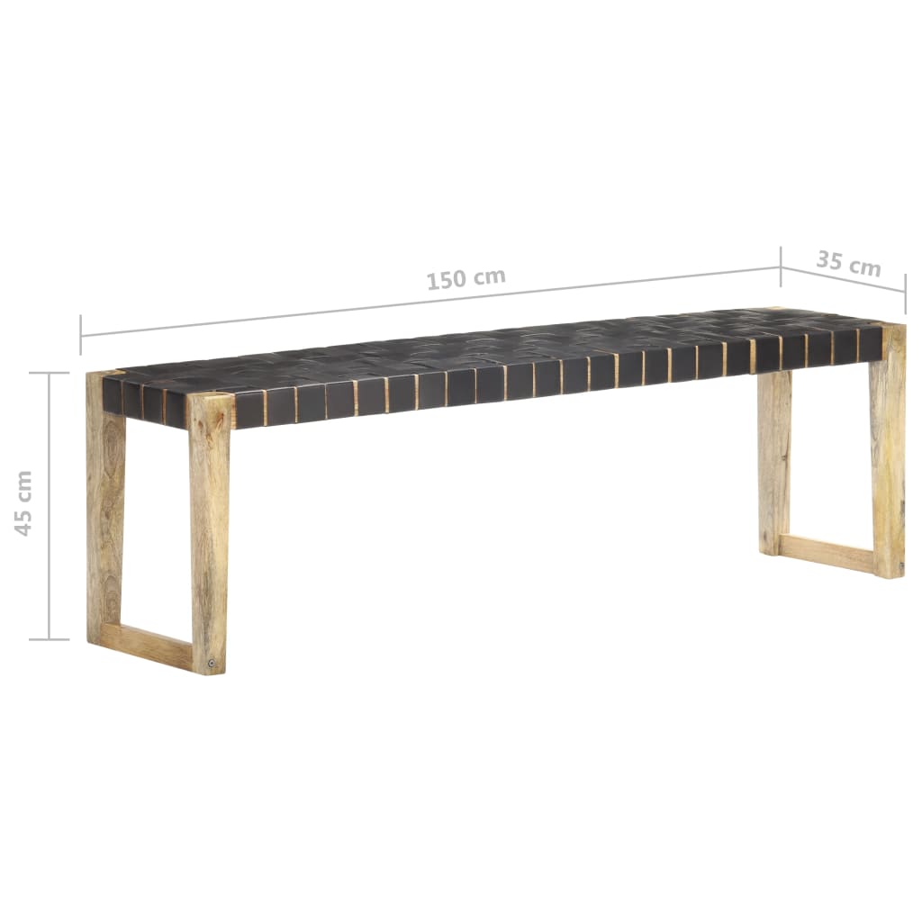 Bankje 150 cm echt leer en massief mangohout zwart