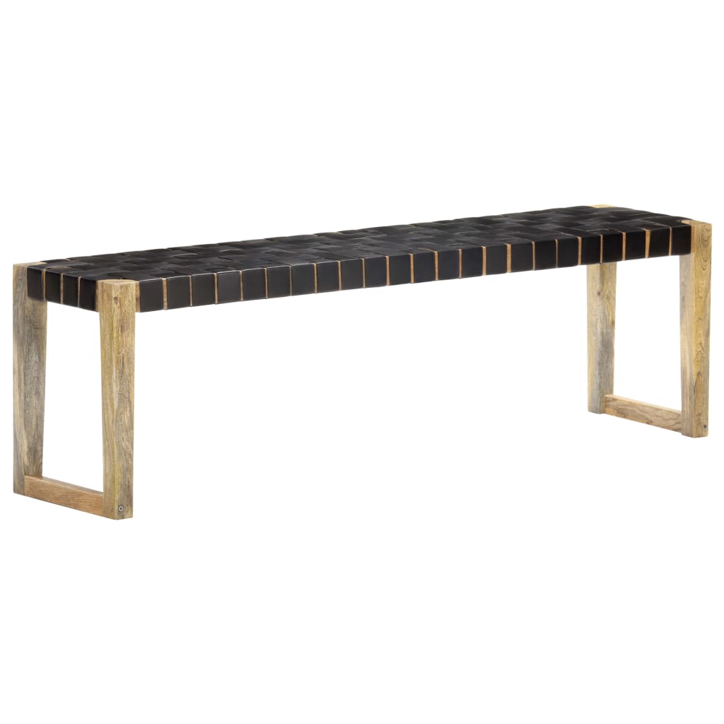 Banquette 150 cm cuir véritable et manguier massif noir