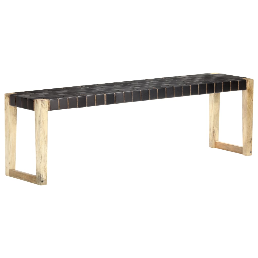 Banquette 150 cm cuir véritable et manguier massif noir