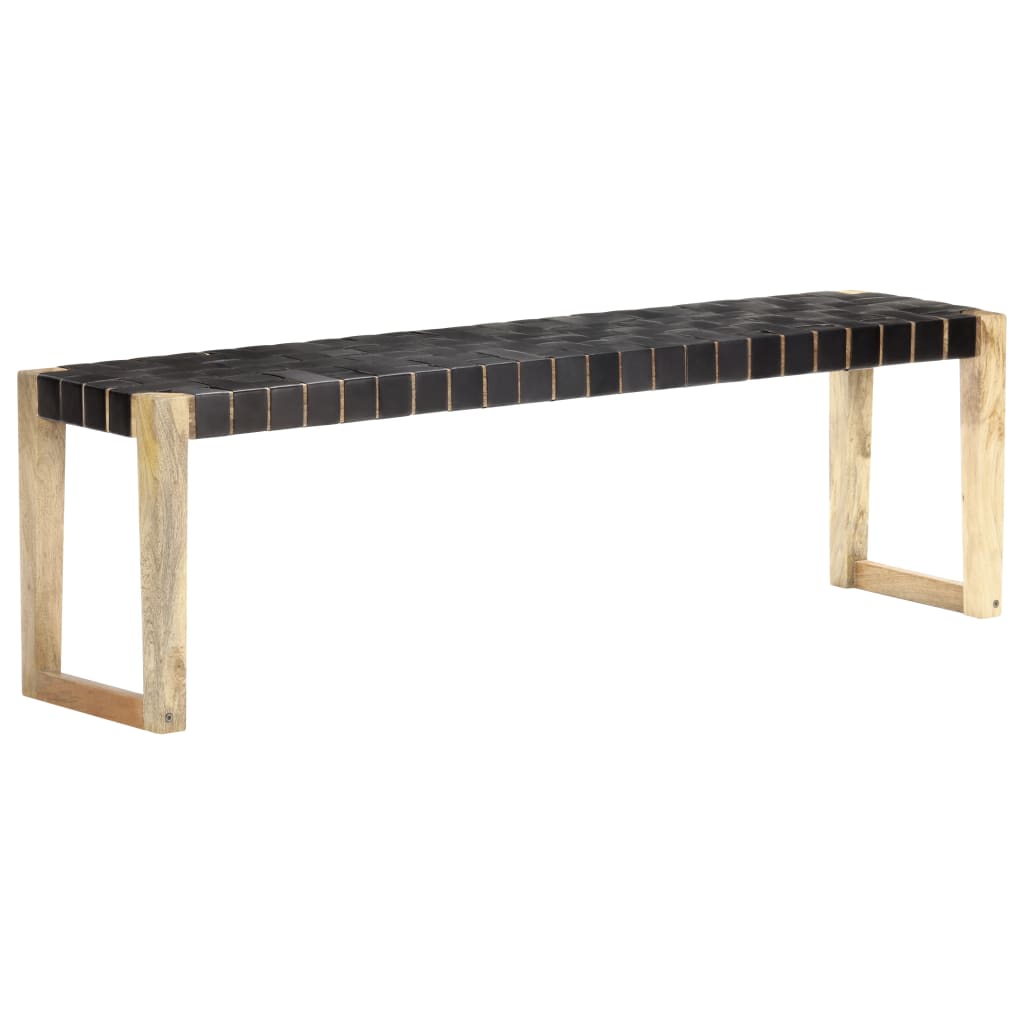 Banc 110 cm cuir véritable et bois de manguier massif marron