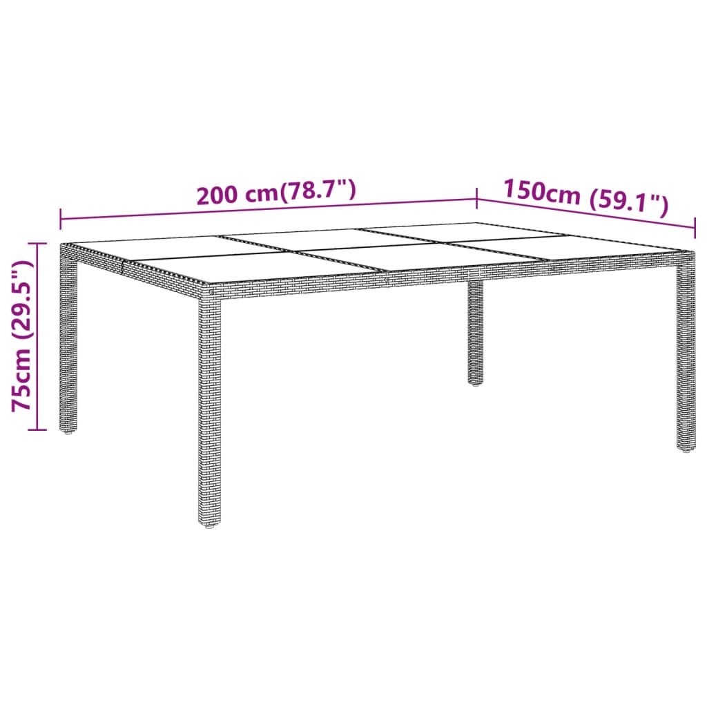 Table de jardin 200x150x75 cm verre trempé et poly rotin