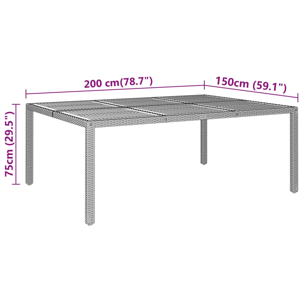 Table de jardin 200x150x75 cm bois d'acacia et poly rotin