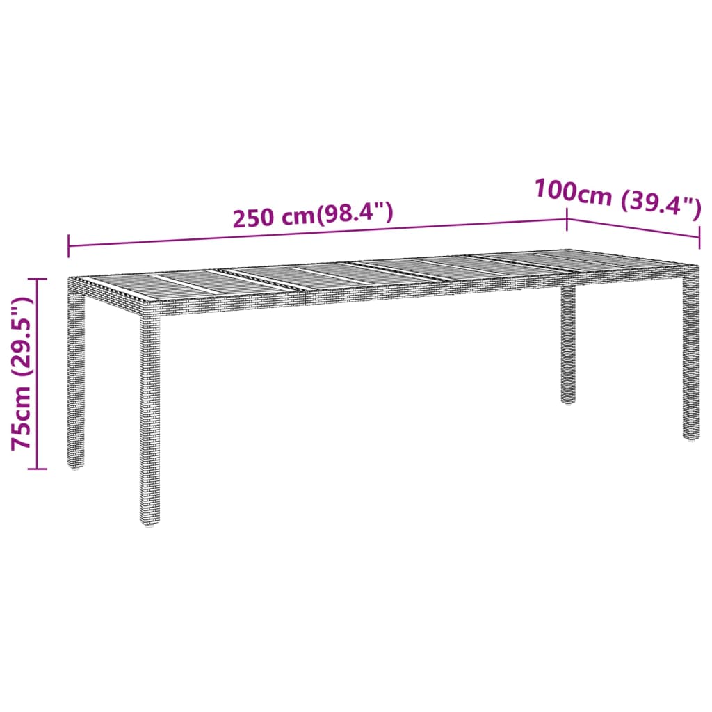 Table de jardin 250x100x75 cm bois d'acacia et poly rotin