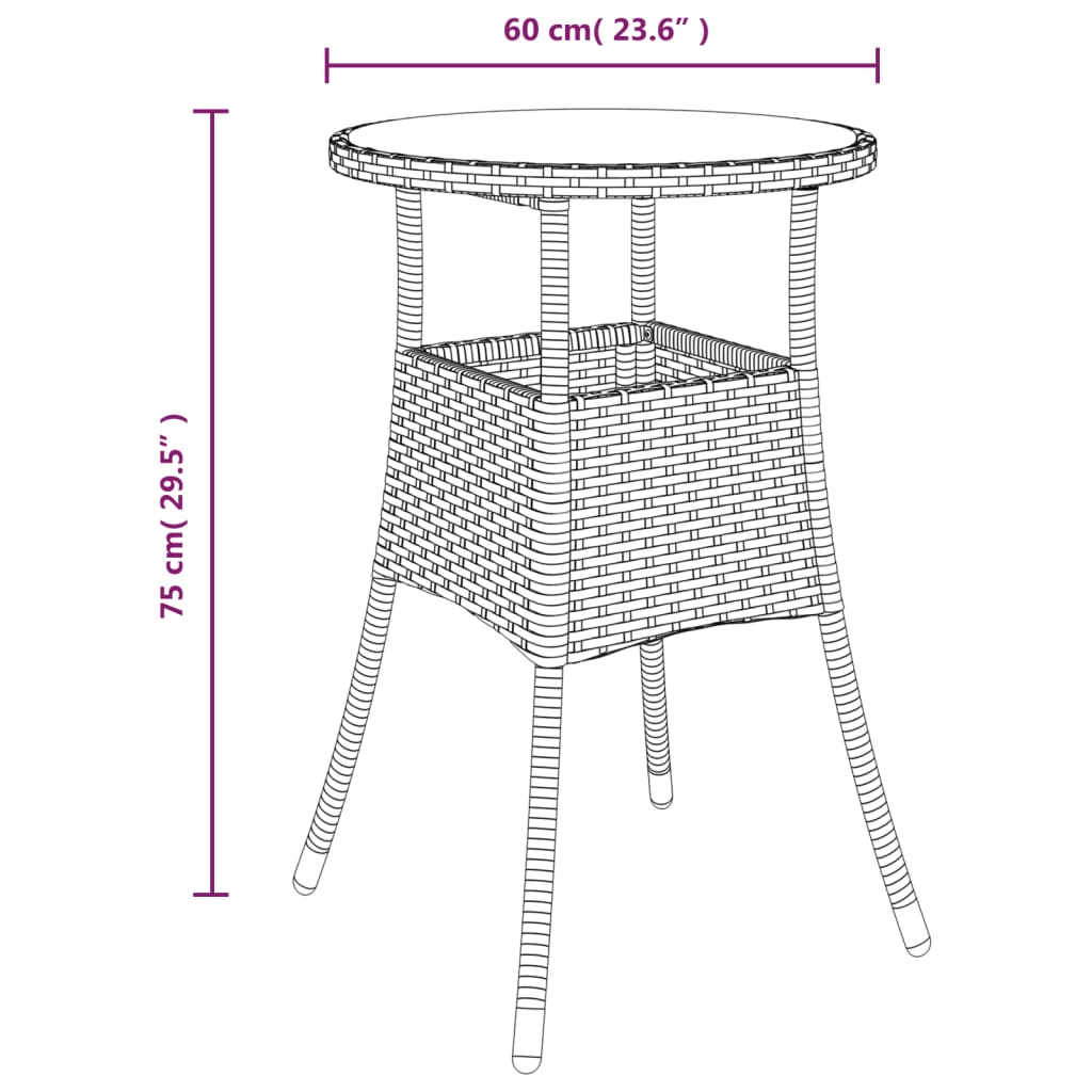 Table de jardin Ø60x75 cm verre trempé et poly rotin