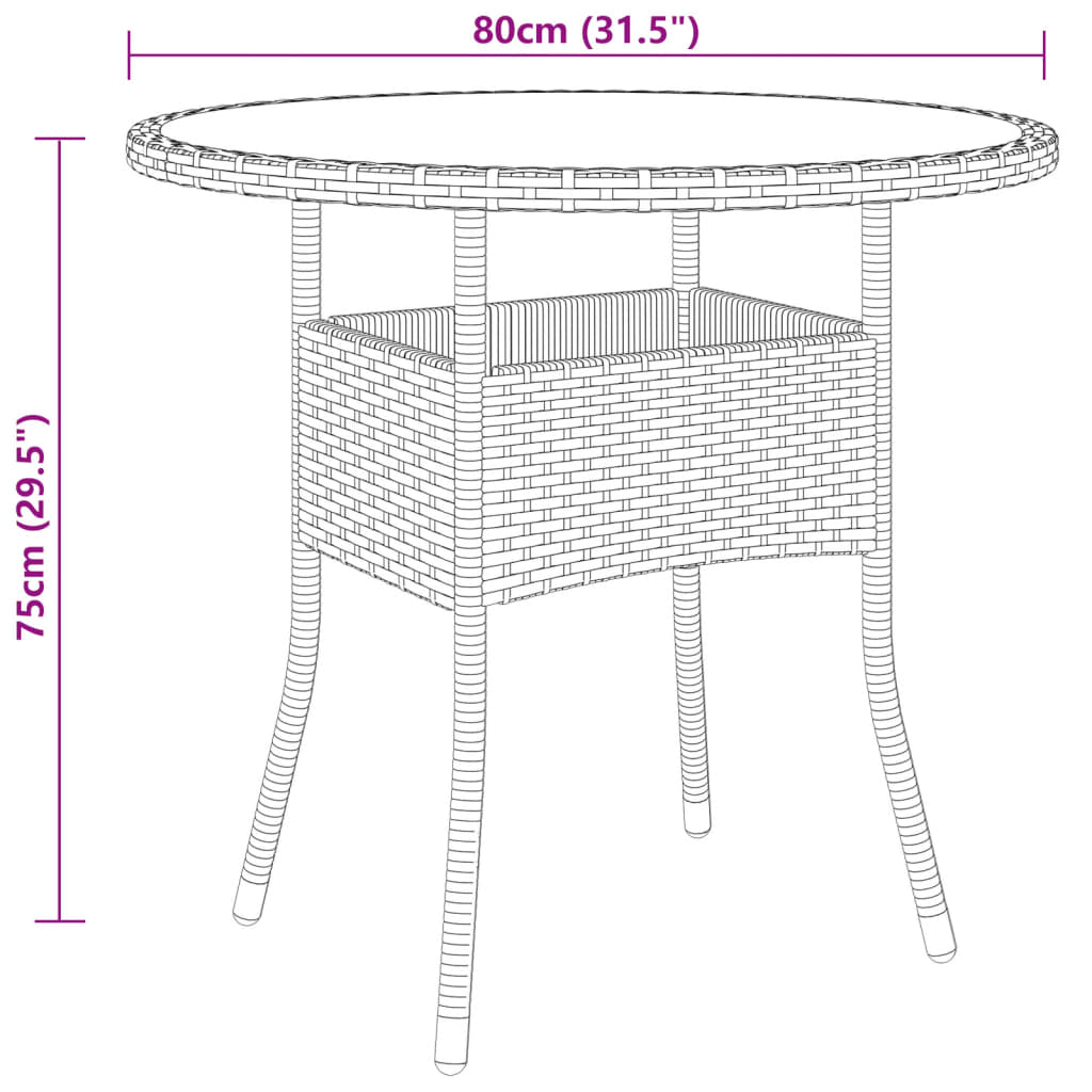 Table de jardin Ø80x75 cm verre trempé et poly rotin