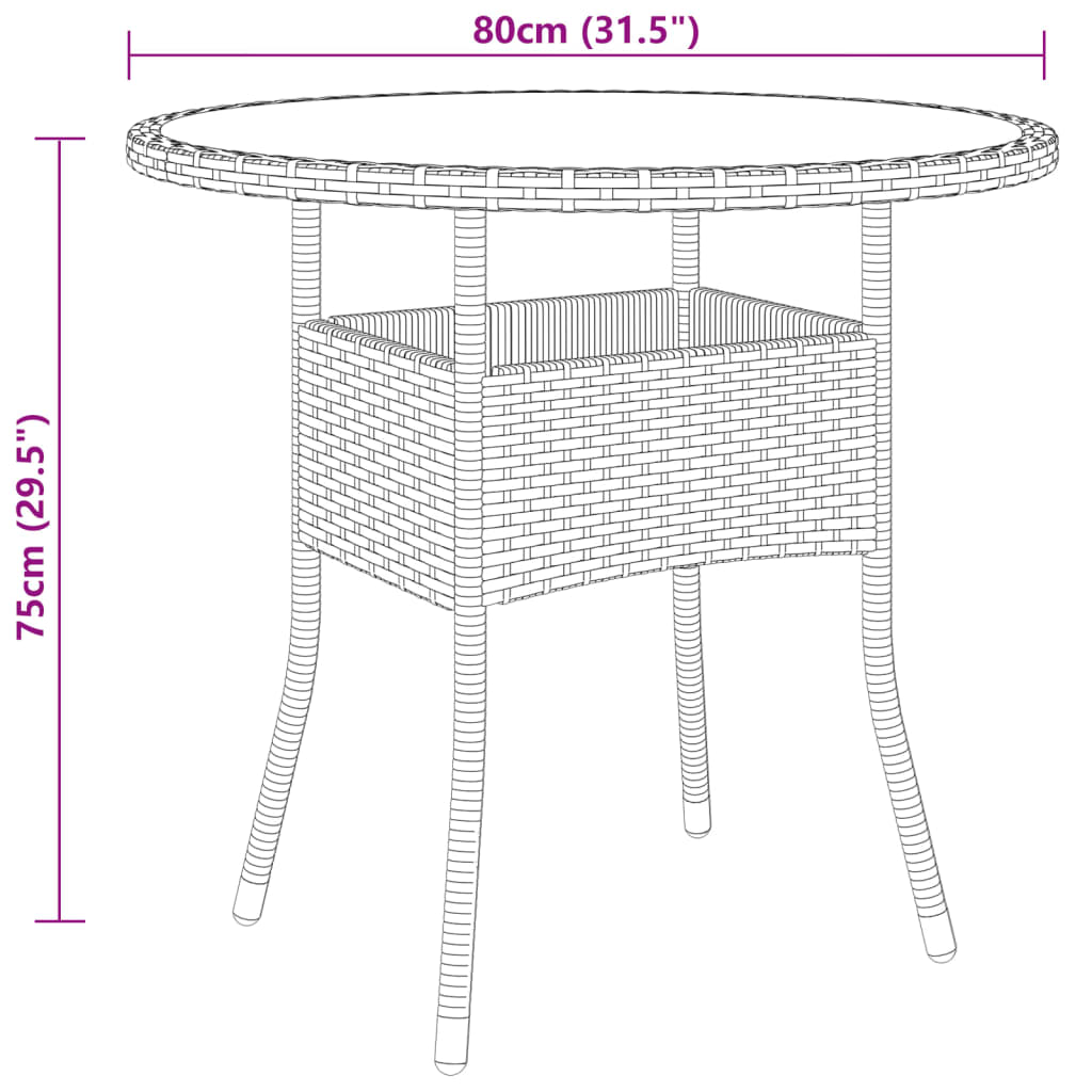 Table de jardin Ø80x75 cm verre trempé et poly rotin