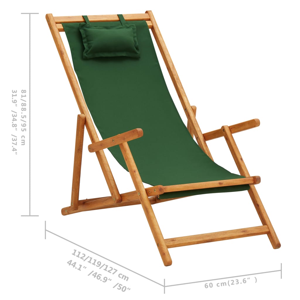 Chaise de plage pliable en tissu et structure en bois