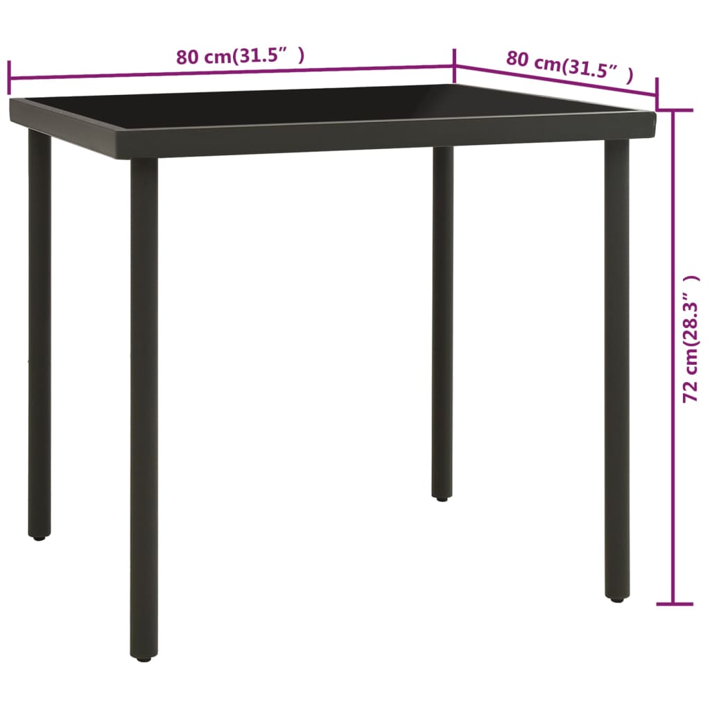 Table de jardin 80x80x72 cm verre et acier anthracite