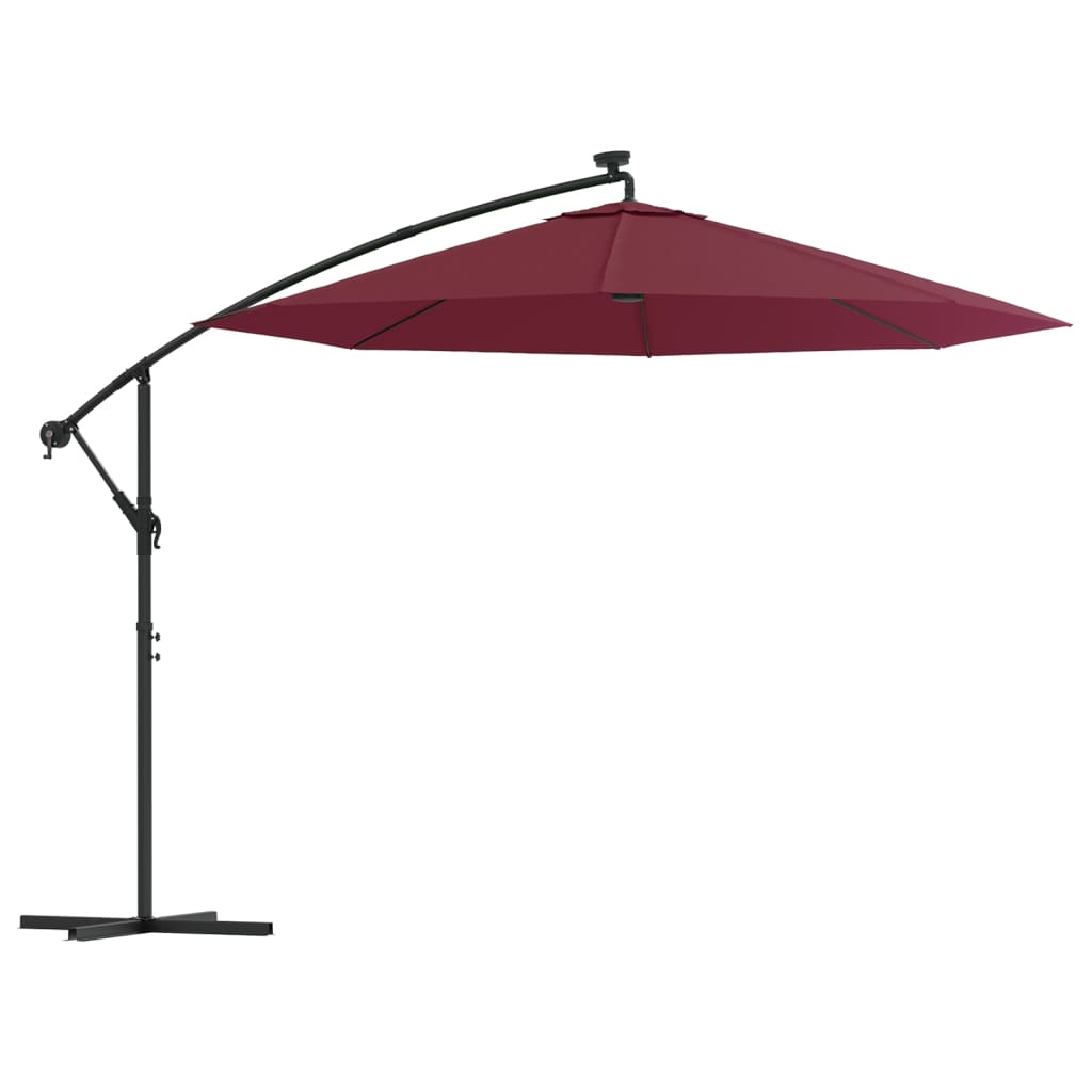 Parasol flottant avec éclairage LED et mât en acier rouge vin