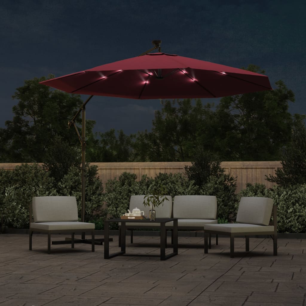 Parasol flottant avec éclairage LED et mât en acier rouge vin