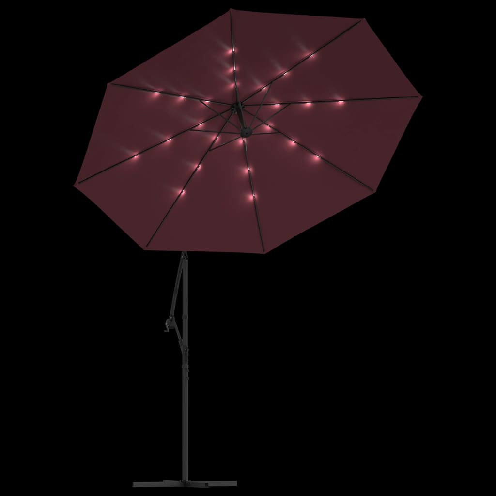 Parasol flottant avec éclairage LED et mât en acier rouge vin