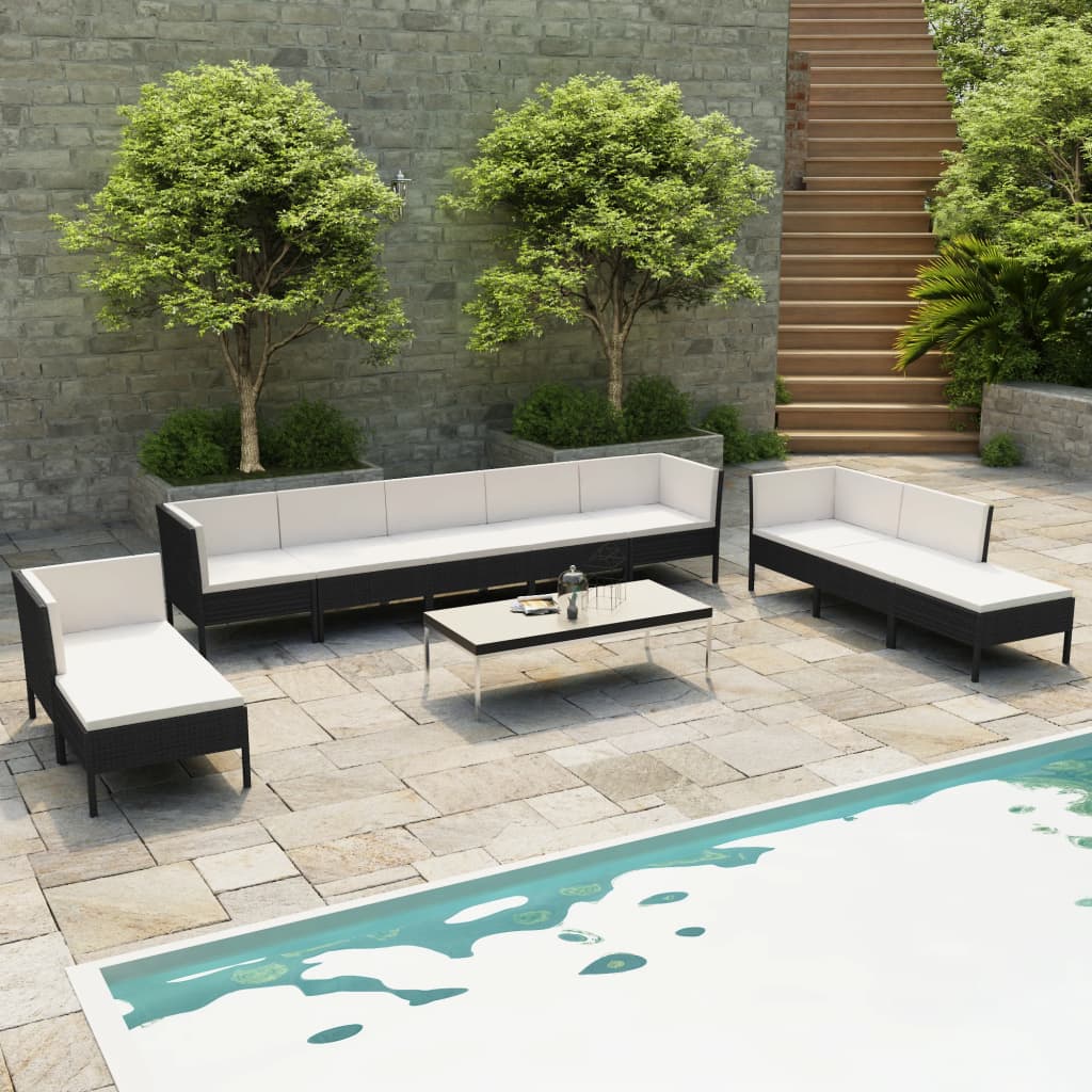 10-delige Loungeset met kussens poly rattan zwart