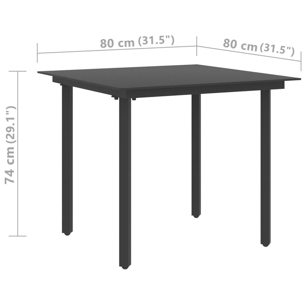 Table de jardin 80x80x74 cm acier et verre noir