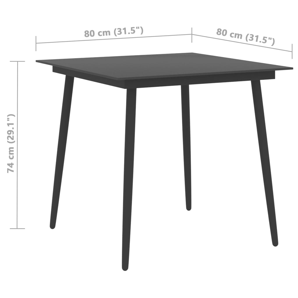 Table de jardin 80x80x74 cm acier et verre noir