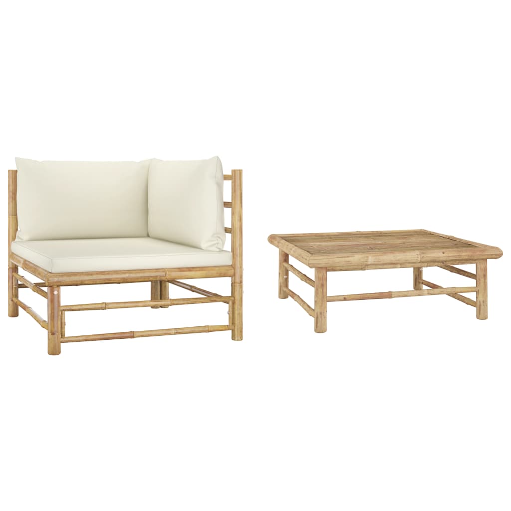 Banc de jardin avec coussins en bambou blanc crème