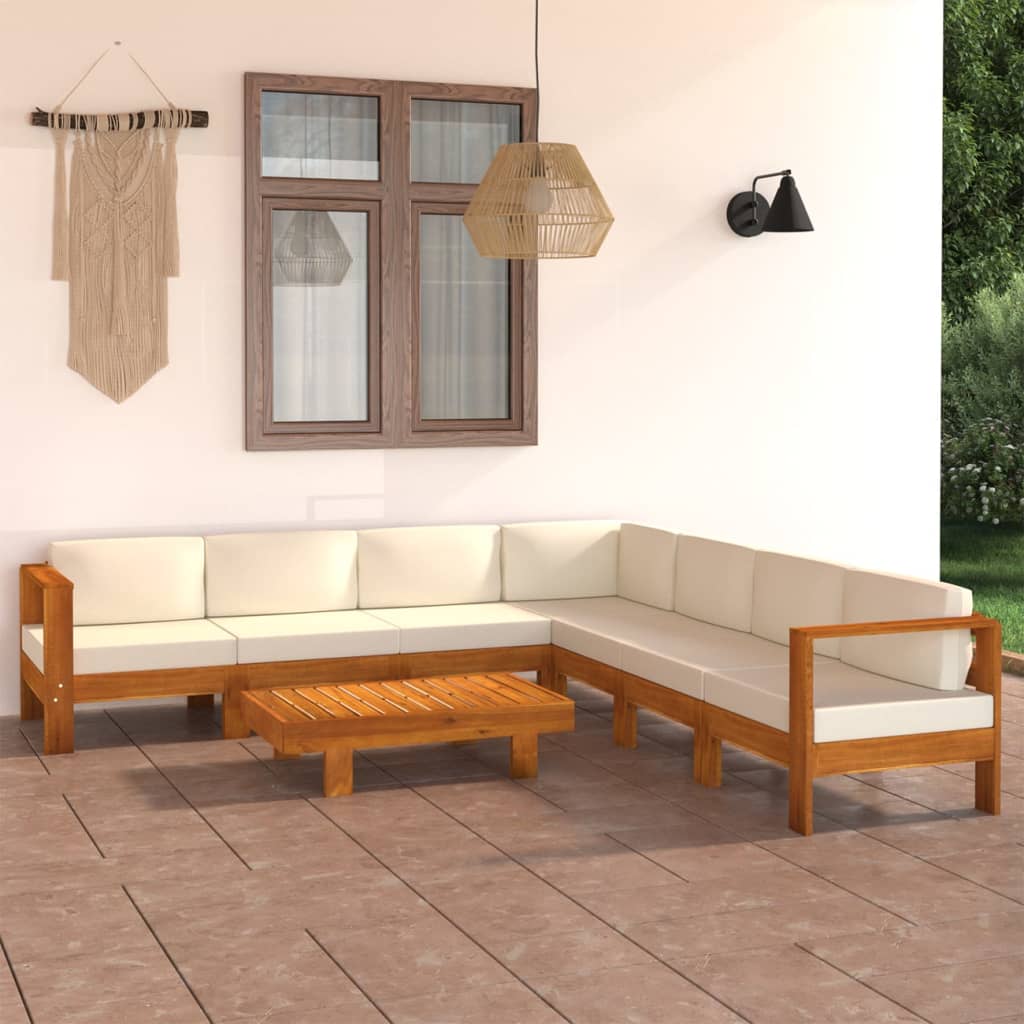 Ensemble lounge 8 pièces avec coussins en bois d'acacia blanc crème