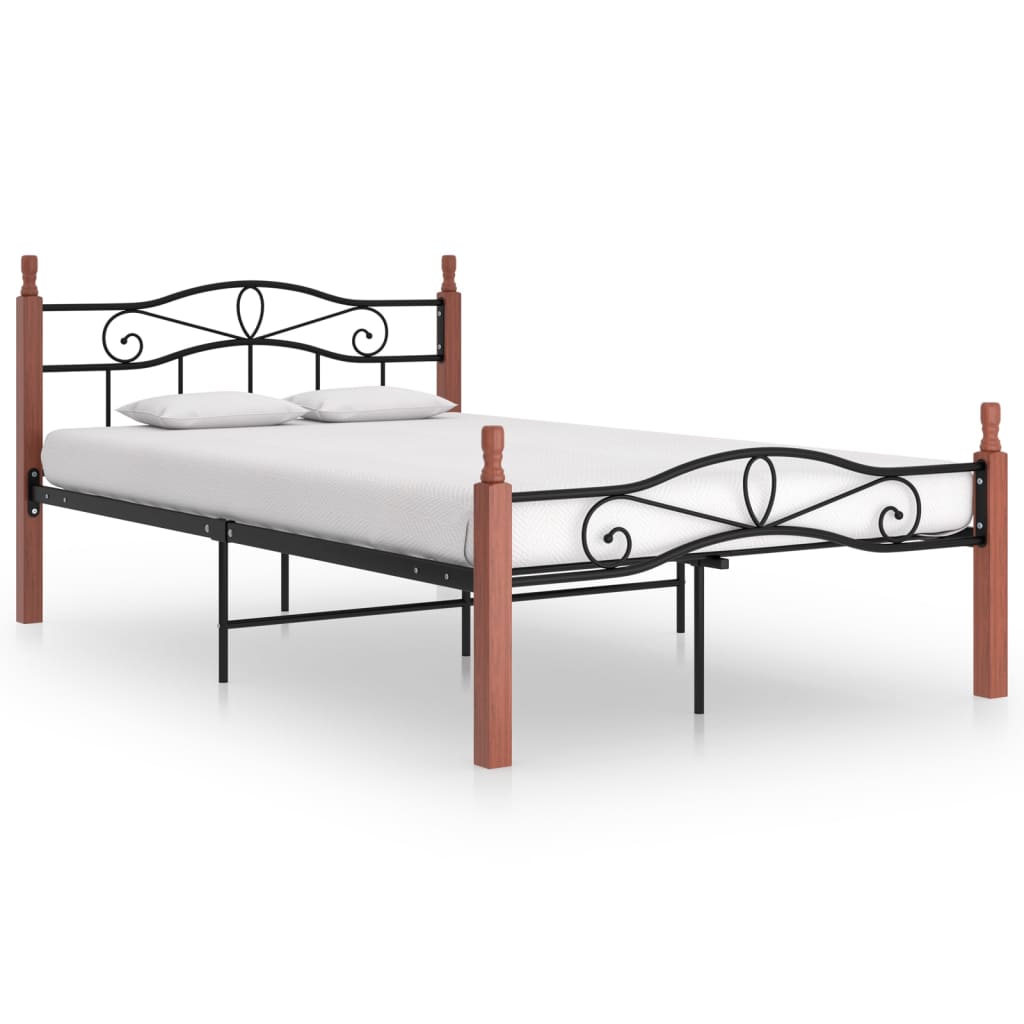 Bedframe metaal en massief eikenhout zwart 180x200 cm