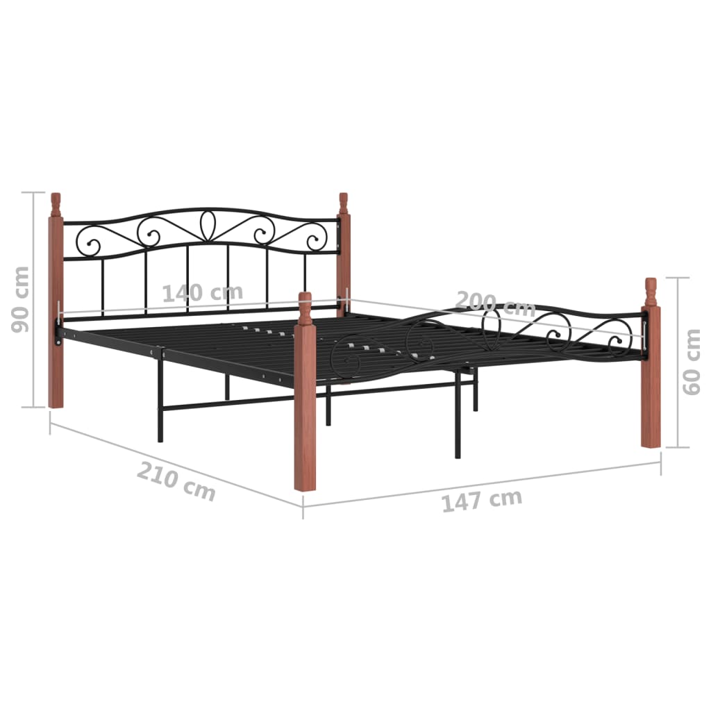 Bedframe metaal en massief eikenhout zwart 180x200 cm