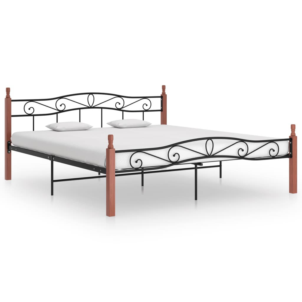 Bedframe metaal en massief eikenhout zwart 180x200 cm