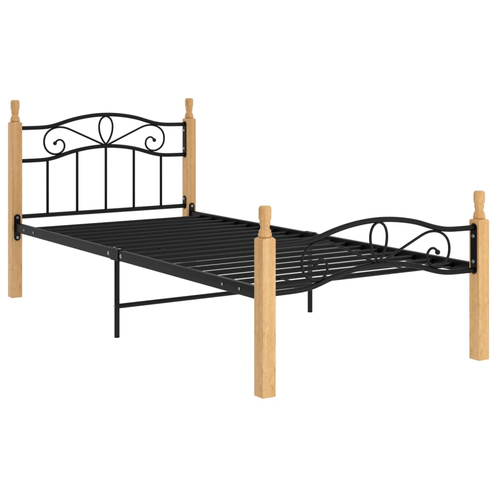 Bedframe metaal en massief eikenhout zwart 180x200 cm