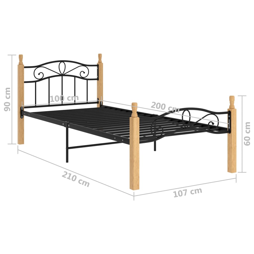 Bedframe metaal en massief eikenhout zwart 180x200 cm