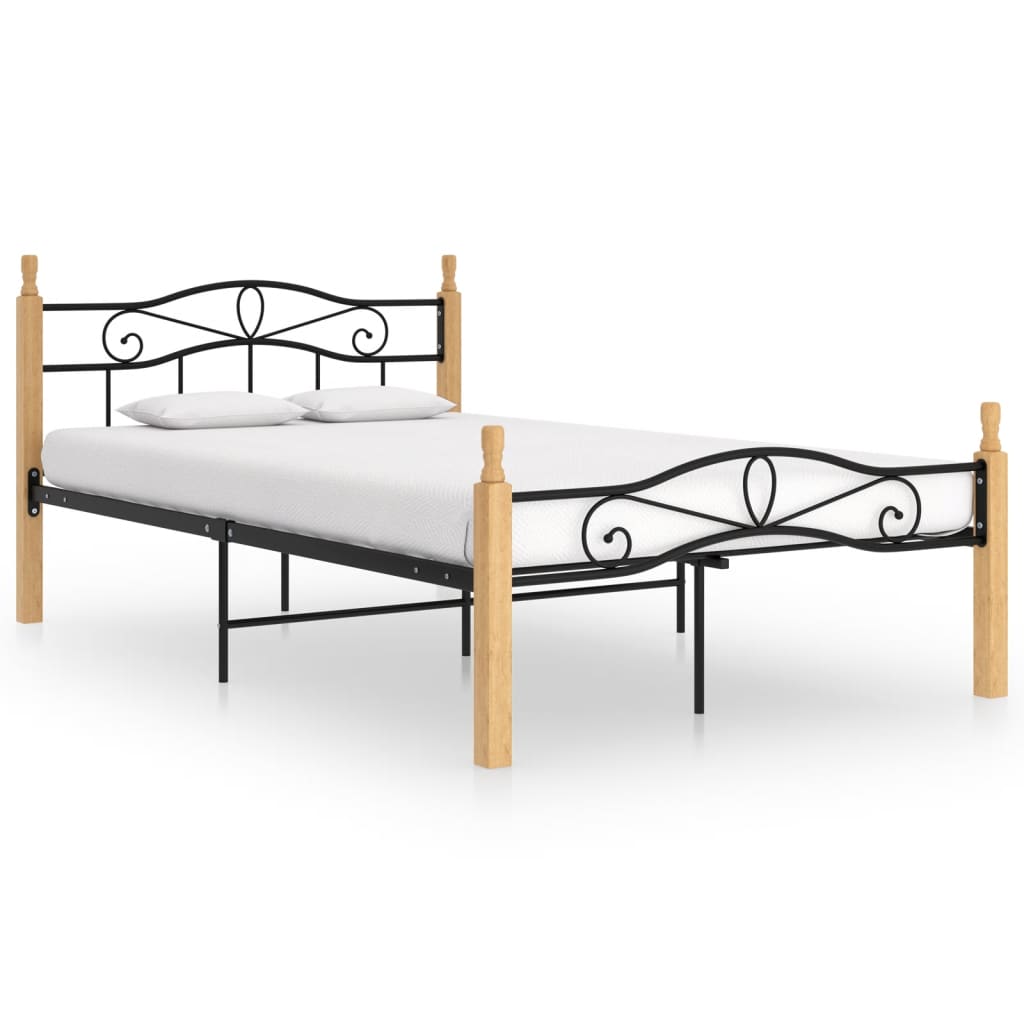 Bedframe metaal en massief eikenhout zwart 180x200 cm