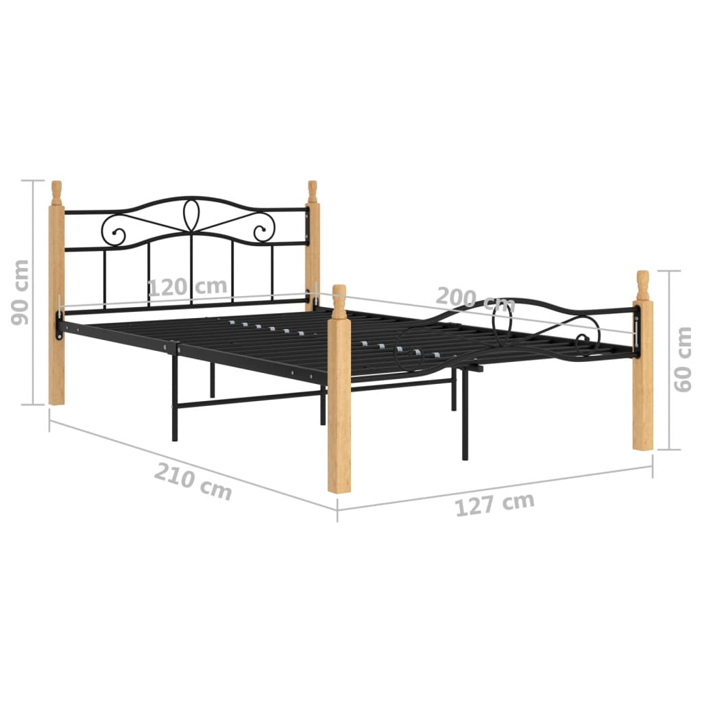 Bedframe metaal en massief eikenhout zwart 180x200 cm