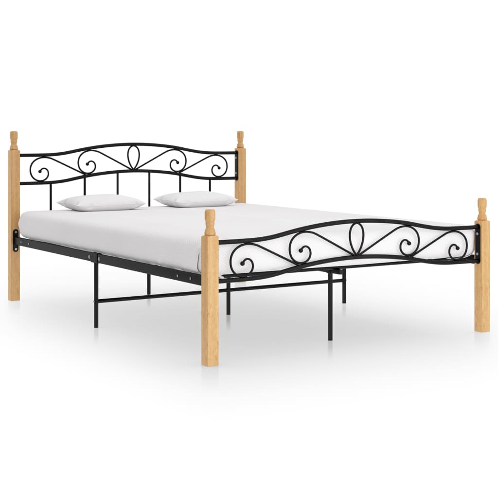 Bedframe metaal en massief eikenhout zwart 180x200 cm