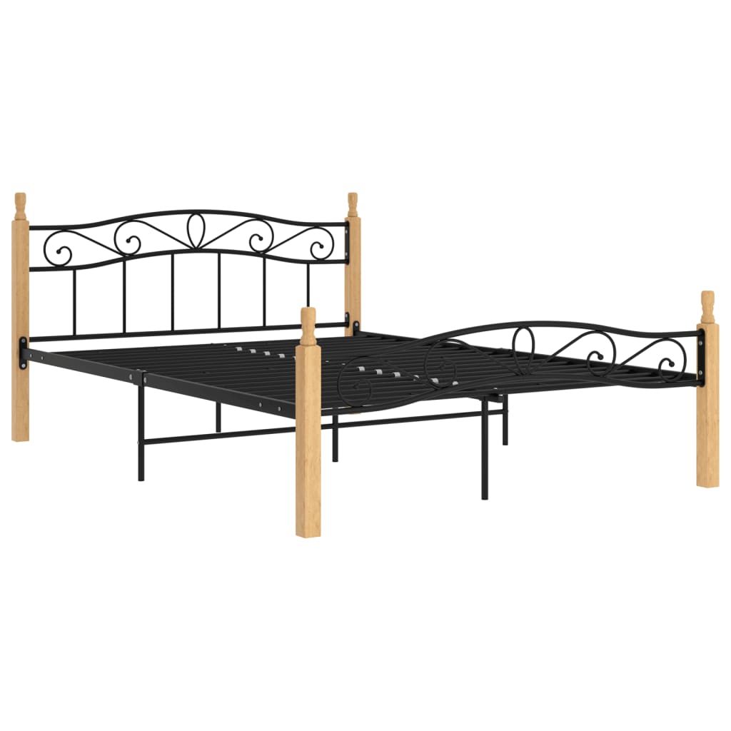 Bedframe metaal en massief eikenhout zwart 180x200 cm