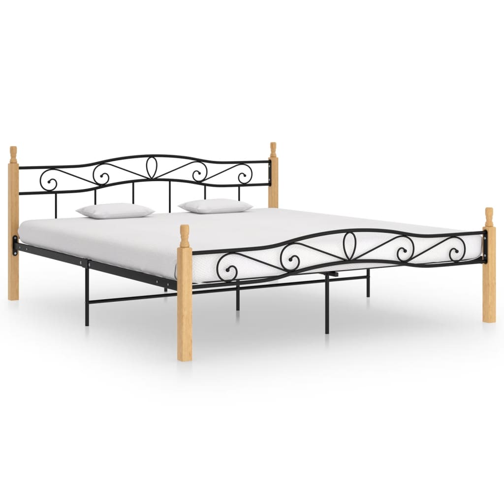 Bedframe metaal en massief eikenhout zwart 180x200 cm