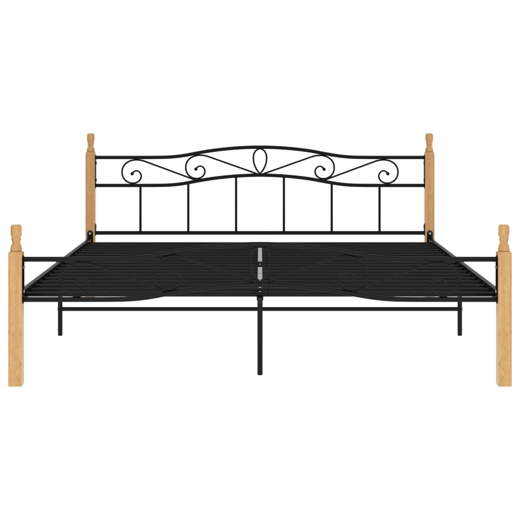 Bedframe metaal en massief eikenhout zwart 180x200 cm