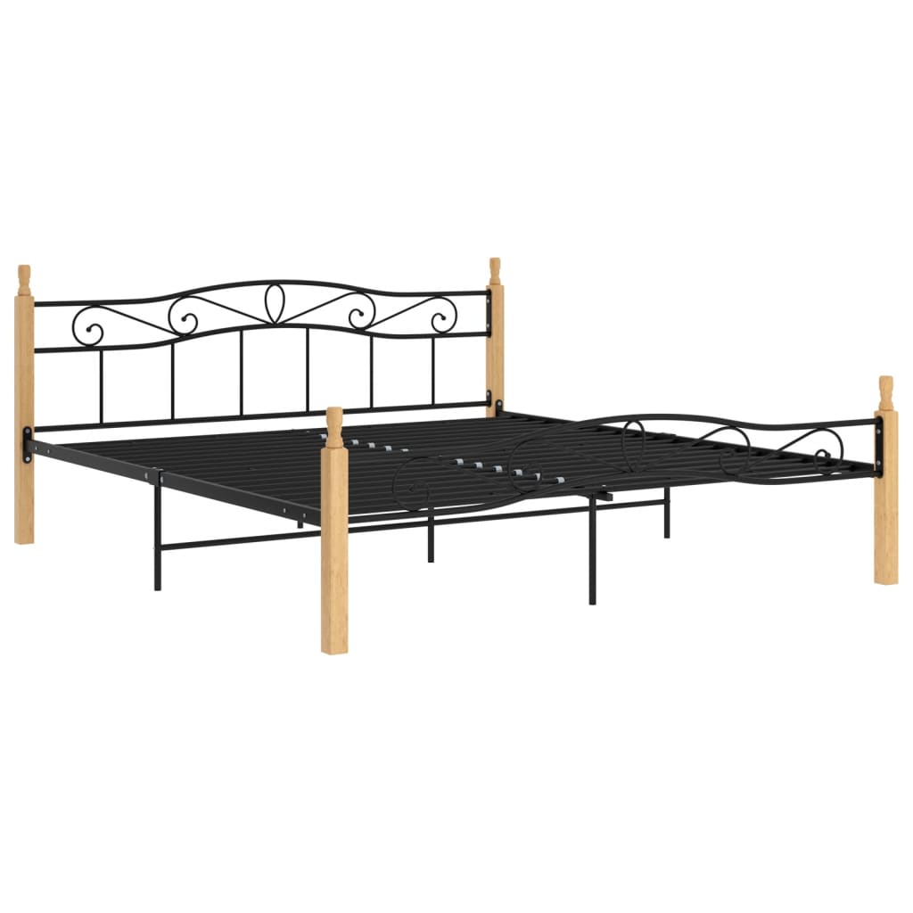 Bedframe metaal en massief eikenhout zwart 180x200 cm